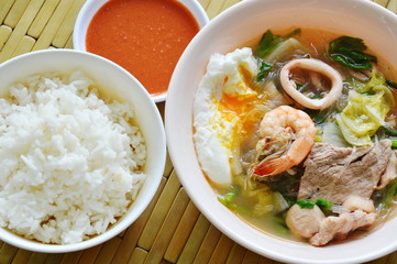 seafood sukiyaki soup with rice and sauce