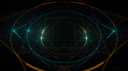 3d rendering illustration. Abstract digital background with hight detailed elements. Geometry lines with dashes and glow.