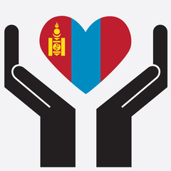 Hand showing Mongolia flag in a heart shape. Vector illustration. 