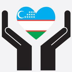 Hand showing Uzbekistan flag in a heart shape. Vector illustration. 