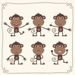 Vector set cute monkey. Collection isolated funny monkey. 
