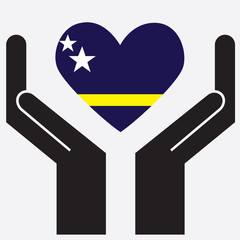 Hand showing Curacao flag in a heart shape. Vector illustration. 
