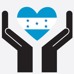 Hand showing Honduras flag in a heart shape. Vector illustration. 