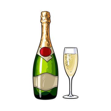 Champagne bottle and glass, sketch style vector illustrations isolated on white background. Closed champagne bottle and glass full of champagne, holiday celebration