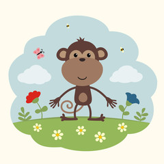Obraz na płótnie Canvas Funny monkey on background of desert. Little monkey in cartoon style.