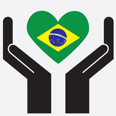 Hand showing Brazil flag in a heart shape. Vector illustration.