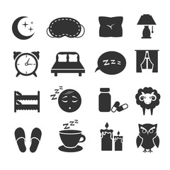 Sleep, night relax, pillow, bed, moon, owl, zzz vector icons sleeping symbols set