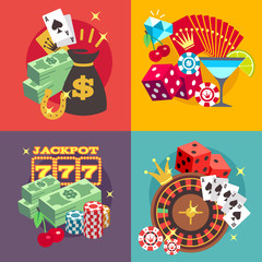 Casino gambling vector concept set with win money jackpot flat icons
