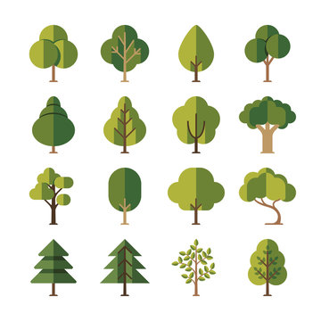 Green summer forest tree flat vector icons