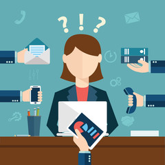 Very busy business woman working hard on her desk in office with a lot of paper work, talking on smart phone. Business concept on hard working. © Graphicroyalty