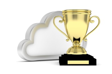 Isoalted golden cup with cloud on white background. Concept of cloud storage competition. Leader cloud drive. Best storage contest. 3D rendering.