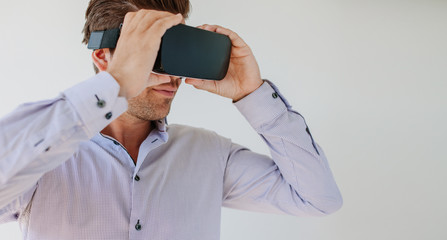 Man wearing virtual reality goggle