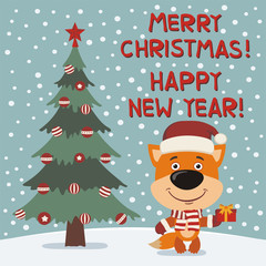 Merry Christmas and Happy New year! Funny fox with gift near Christmas tree. Card in cartoon style.