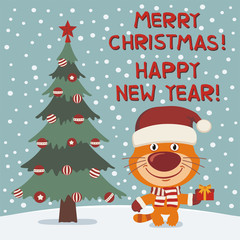 Merry Christmas and Happy New year! Funny kitten cat with gift near Christmas tree. Card in cartoon style.