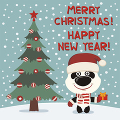 Merry Christmas and Happy New year! Funny panda bear with gift near Christmas tree. Card in cartoon style.