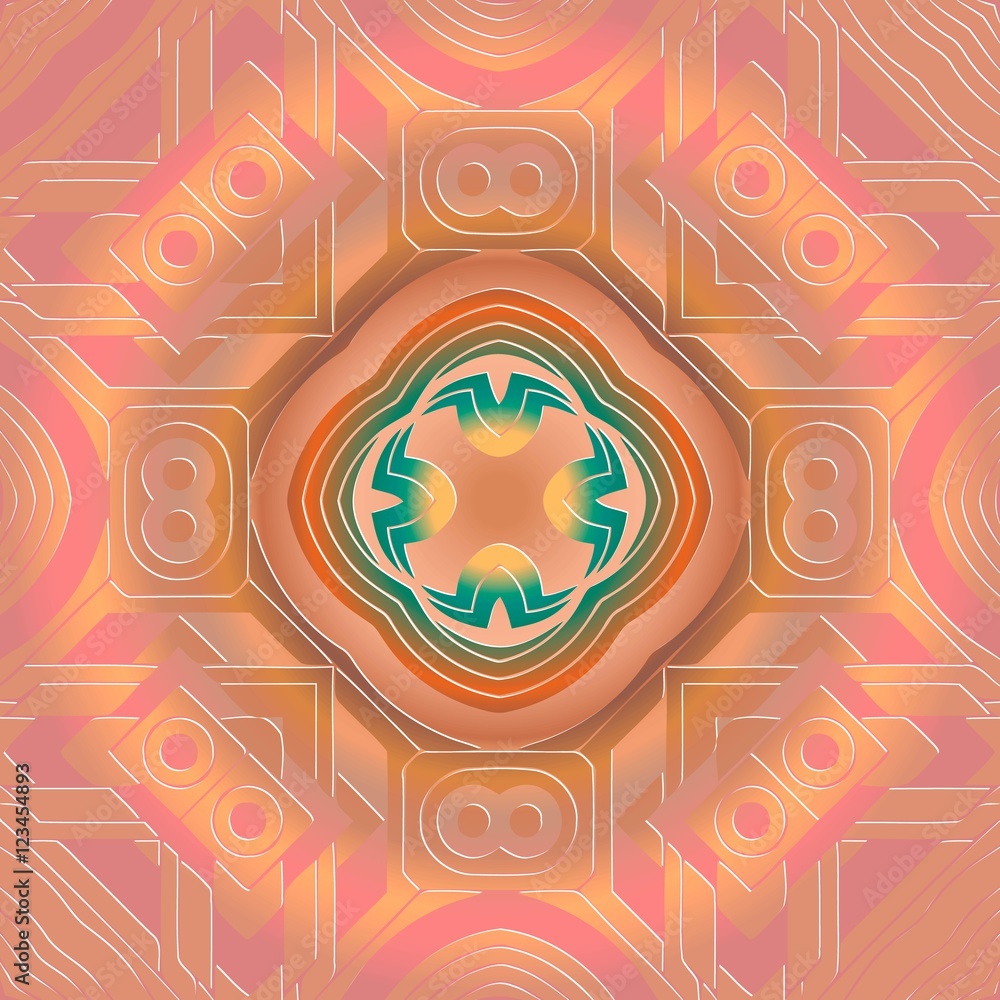 Poster background with abstract orange concentric pattern ornament of green and yellow color