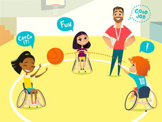 School lesson. Handicapped Kids. Boys and girls in wheelchairs playing baseball in a gum. Coaching handicapped young sportsmen's. Medical rehabilitation. Vector Illustration.