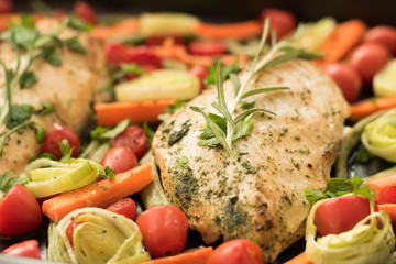 Homemade chicken with Cherry tomatoes and asparagus