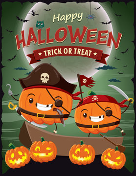 Vintage Halloween poster design with vector pirate character.