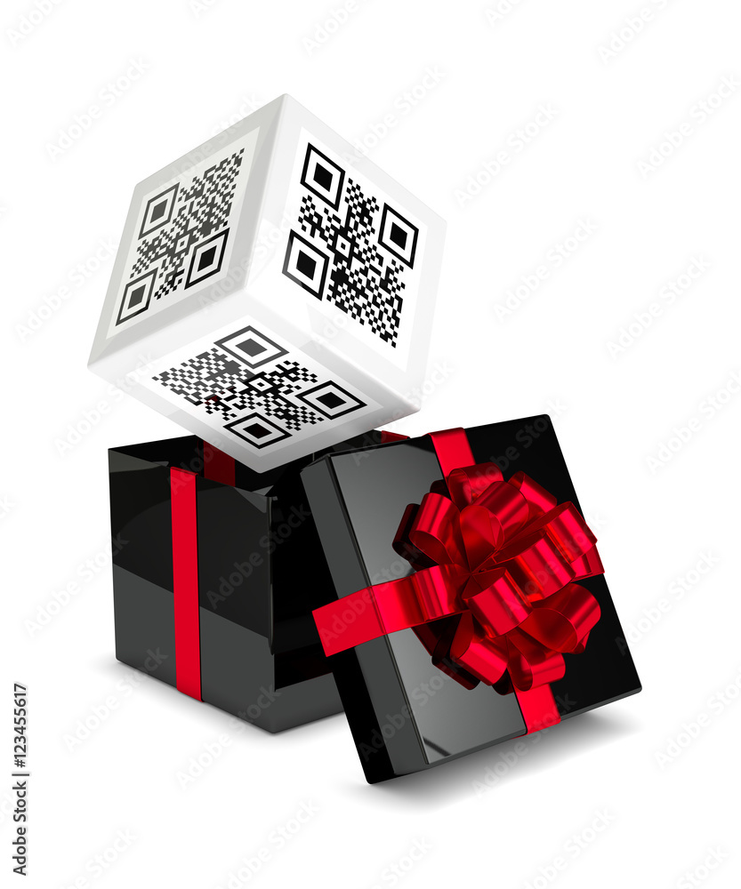 Poster 3d rendering of gift box with discount qr code isolated over whi