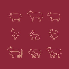 Farm animal outline icon set. Pig, cow, lamb, chicken, turkey, rabbit. Icon for butcher shop. Vector illustration.