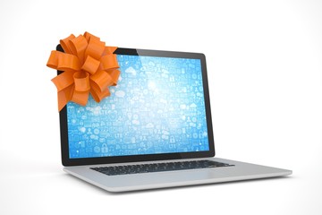 Tied laptop with red bow on white background. Modern present or gift for birthday, holiday, christmas. 3D rendering. - 123455692