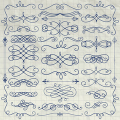 Vintage Pen Drawing Swirls Collection on Crumpled Paper