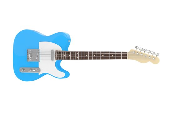 Isolated blue electric guitar on white background. Concert and studio equipment. Musical instrument. Rock, blues style. 3D rendering.