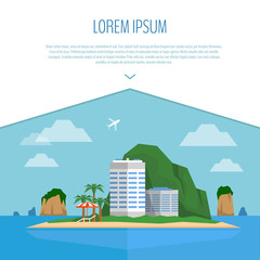 Tropical island scene. Beach, hotel, palm, beach umbrella and chair. Flat style, vector illustration.
