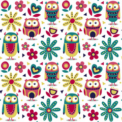 New cute animal seamless pattern made with owls, flowers, nature, plants, leaves, triangles, circles