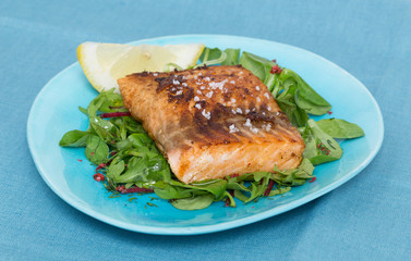 Gebratenes Lachsfilet mit Fleur de Sel auf gemischtem Salat