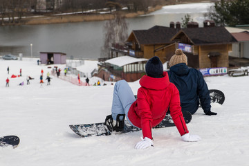 snowboarding with mountains, rear view