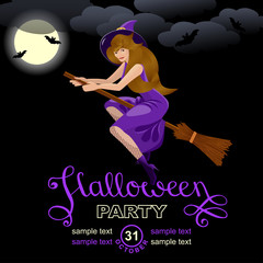 Halloween party invitation card.  Design template with Witch Flying on a Broomstick and place for text. Isolated background.