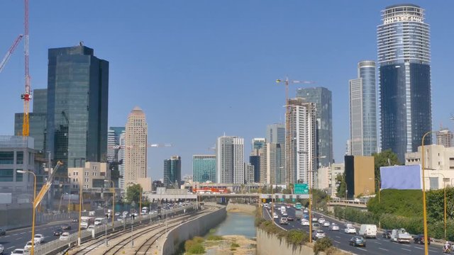 Central Tel Aviv skyline day with traffic