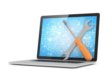 3D Illustration Wrench and screwdriver on laptop, service concept