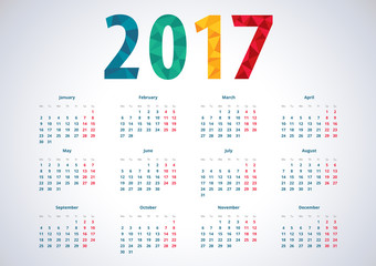 Simple european calendar 2017. Week starts from Monday.