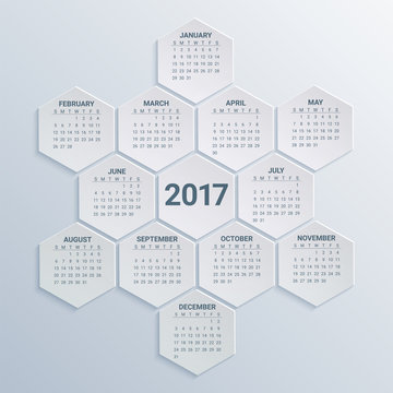Hexagonal Calendar for 2017 Year on paper background. Week starts from sunday. Modern Creative Vector Design Print Template. Holiday vector illustration. Corporate business layout.