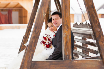 bride and groom in a winter frost with a snow