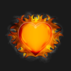 Heart on fire on a dark background.