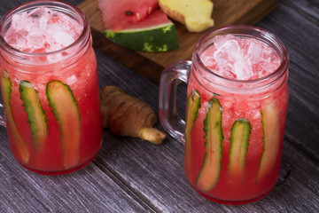 Watermelon cocktail with ginger and cucumber. Healthy fruit and vegetable drinks
