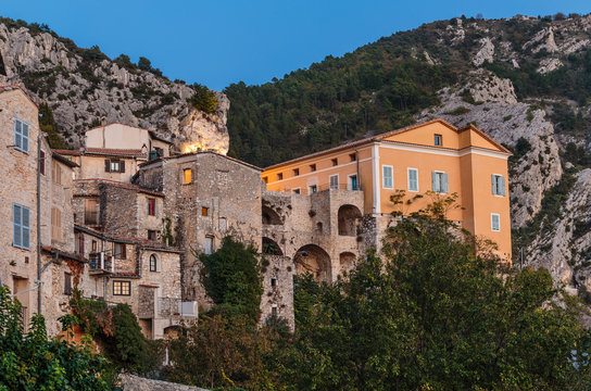 Mountain old village Peille, Provence Alpes, France. Night view