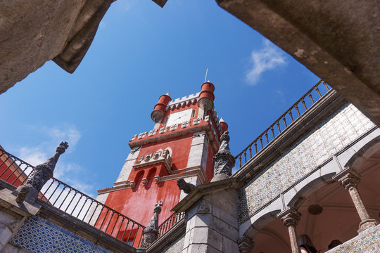 Red tower in Pena National Palace (Palacio Nacional da Pena) - Romanticist palace in Sintra, Portugal