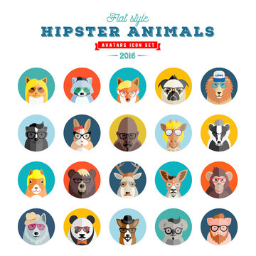 Flat Style Hipster Animals Avatar Vector Icon Set for Social Media or Web Site. Fauna Portraits. Mammals Faces.