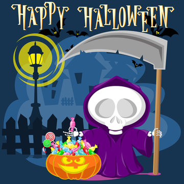 Halloween background. Funny little death with a large scythe on the street of the town. Cartoon style. Concept design for banners, posters, flyer or cards. Vector illustration