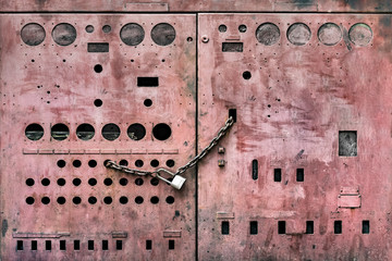 Grungy metal doors, electrical panel box, Yangon, Myanmar