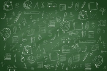 School pattern on green chalkboard background, vector illustration.