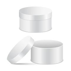 Realistic vector clip art of open and closed round boxes, isolated on white background.