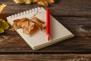 Autumn artist workspace. Sketchbook and pencil.