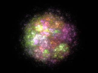 Computer generated fractal illustration of multi-colored glowing round object on black background