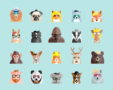 Flat Style Hipster Animals Avatar Vector Portraits or Icon Set for Social Media, Web Sites, etc.
